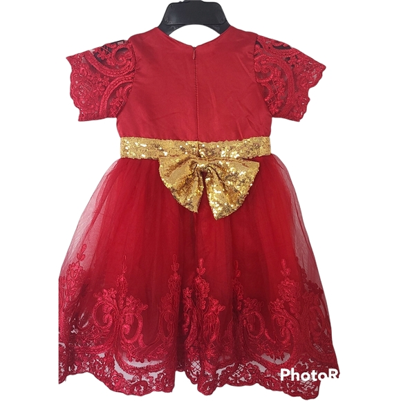 Alexandra Red Lace and Gold Holiday Big Bow Dress - Picture 3 of 3